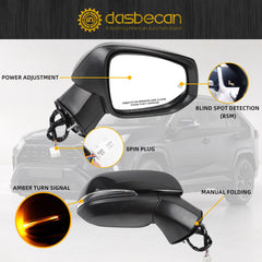 8Pins Passenger Side Mirror Assembly Compatible with 2019-2024 Toyota Rav4 Right Side View With Power Heated Turn Signal Blind Spot Detection Replaces# 879100R271 Midnight Black Metallic