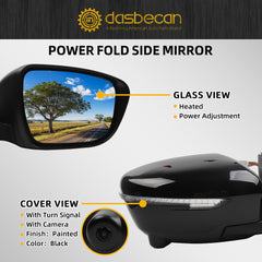 Passenger Right Side Mirror with Camera Compatible with 2014-2019 Nissan Rogue Heated Turn Signal Power HD Glass Black Painted Manual Folding # NI1321254 96301-9TB3C 13Pins