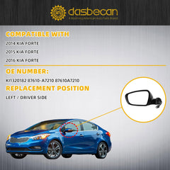 Left Driver Side Mirror Compatible With 2014 2015 2016 Kia Forte Rear view Mirror DIY Paintable With Manual Folding,Heated,Power Glass,Signal Light Replace#87610-A7210(6 Pins)