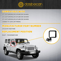 Right Passenger Side Mirror Compatible with 2011 2012 2013 Jeep Wrangler JK Power Heated Manual Folding Door Mirror Replaces#CH1321319 5182174AB Black Textured (5 Pins)