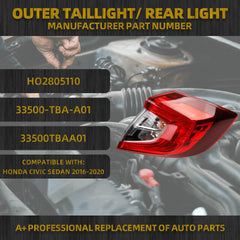 Outer Taillight Right Side Tail Lamp Compatible with Honda Civic Sedan 2016 2017 2018 2019 2020 Replace HO2805110 33500-TBA-A01 Brake Taillight