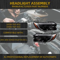 Halogen Headlight Compatible with Honda Pilot EX/EX-L 2016 2017 2018 Left+Right Headlight Assembly Black Housing Clear Replace# 33150-TG7-A12 33100-TG7-A12