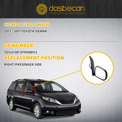 Passenger Side Mirror Compatible With 2013-2017 Toyota Sienna with Manual Folding Blind Spot Detection Power Heated Glass Gloss Black Cover Replace#TO1321301 8791008113(6pins)