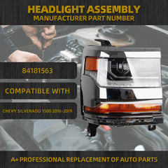 HID/Xenon Headlight Compatible with Chevy Silverado 1500 2016-2018/Chevy Silverado 1500 LD 2019 Right Passenger Side Headlamp Chrome Housing Replaces# 84181562 84181563 W/O Bulbs