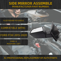 Side Mirror Assemble Compatible with Ford F150 2015 2016 2017 2018 Right Side FL3Z-17682-CB FL3Z-17682-BA FL3Z-17682-CA FL3Z-17682-CH RH 6 Pins