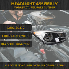 Halogen Headlight Compatible With Kia Soul 2014-2019 Right Passenger Side Headlight Assembly Chrome Housing Replaces# 92102-B2270 92102B2270 KI2503167