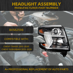 HID Headlight Compatible With Chevy Tahoe Chevy Suburban 2015-2020 Projector Xenon Headlamp Assembly w/Bulbs Right Passenger Side Replaces# 84582598 84582597