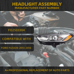 Halogen Headlights w/bulbs Compatible With Ford Fusion 2013-2016 Left Driver Side Chrome Projector Headlamp Assembly Replaces# FO2503304