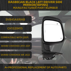 Left Driver Side Mirror Compatible with Jeep Grand Cherokee 2014-2021 WK 2022 Power Folding/Heated/Turn Signal/Memory/Blind Spot/Puddle Light Black Replaces# 5VB45AXRAB(18Pins)