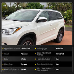 Left Driver Side Mirror White Compatible with 2014-2019 Toyota Highlander Heated Manual Fold Power Glass w/Turn Signal Blind Spot Detection Door Mirror #87940-0E272 TO1320361 (7Pins)