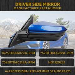 Left Driver Side Mirror Compatible with Honda Civic 2016-2021 Power Glass Non-Heated Manual Folding Replaces HO1320283 Blue 3Pins (For US Built Models)