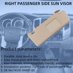 Right Passenger Side Sun Visor Compatible with Toyota Tacoma 2005-2012 2013 2014 2015 Visor Assembly Without Light 74310-04081-E0 Beige