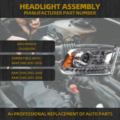OE Projector Halogen Headlights w/LED Signal DRL Compatible With Dodge Ram 1500 2500 3500 2013-2018 Right Passenger Side Headlamp assembly Chrome Trim w/Bulbs Replaces#68324940AD CH250329