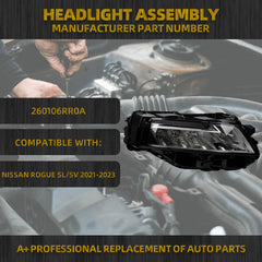LED Headlight Compatible With Nissan Rogue SL/SV 2021 2022 2023 Chrome Housing Projector Headlamp Assembly Right Passenger Side Replace# 260606RR0A