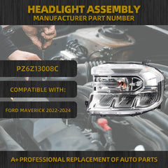 LED Headlight w/o LED DRL Compatible With Ford Maverick 2022-2024 Chrome Housing Headlamp Assembly Left Driver Side