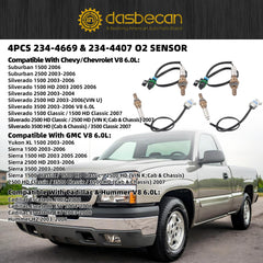 Oxygen O2 Sensor Upstream&Downstream Compatible with 2003-2006 Chevrolet Chevy Suburban Silverado 1500 2500 3500 HD V8 6.0L, GMC Yukon XL 1500 Cadillac Escalade Hummer H2#234-4669 234-4407