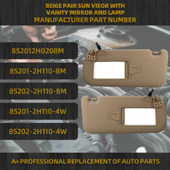 Left Driver & Right Passenger Side Sun Visor Sun Shade with Light | Makeup Mirror | Compatible with Hyundai Elantra 2007 2008 2009 2010 Replace# 852012H0208M(Beige)