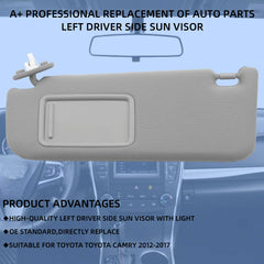 Left Driver Side Sun Visor with Light Compatible with Toyota Camry 2012-2017 Gray 74320-06610-B1 74320-06610-B2 74320-06611-B2 74320-33F40-B0