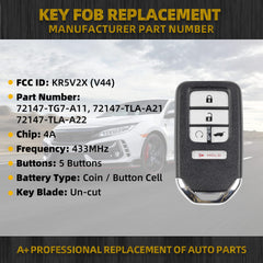 Key Fob Replacement Keyless Entry Smart Remote Control 5 Buttons Compatible with Honda Pilot 2016-2021 CR-V (5-Door) 2017-2022 Civic 2018-2021 Replace# KR5V2X (V44), 72147-TG7-A11