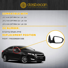 Passenger Side Mirror Compatible with 2011 2012 2013 Kia Optima Right Mirror Black with Signal Light, Manual Folding, Power Glass Replace# KI1321152 87620-2T110 (5 PINS)