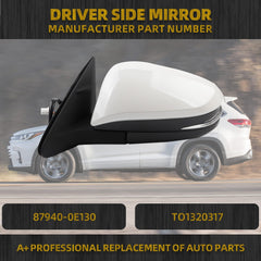 Left Driver Side Mirror Compatible with 2014-2019 Toyota Highlander Heated Power Adjustable Glass Manual Fold Turn Signal Light Painted White 6 PINS Replaces# 87940-0E130 TO1320317