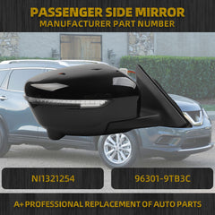 Passenger Right Side Mirror with Camera Compatible with 2014-2019 Nissan Rogue Heated Turn Signal Power HD Glass Black Painted Manual Folding # NI1321254 96301-9TB3C 13Pins