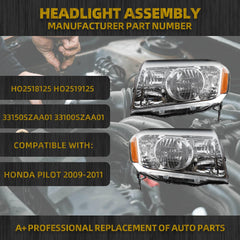 Halogen Headlight Compatible with 2009 2010 2011 Honda Pilot Left+Right Side Headlight Assembly Chrome Amber Corner Headlamp Replaces# HO2518125 HO2519125 33150SZAA01 33100SZAA01 (Left+Right)