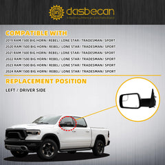 Left Driver Side Mirror Compatible with 2019-2024 Ram 1500 Rearview Mirror with Temp Sensor/Heated Glass/Signal Light/Puddle Light/Power Folding/Black Texture Cover (14pins)