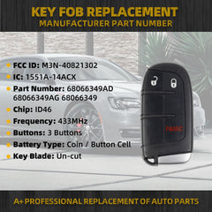 2PCS Key Fob Replacement Compatible with Chrysler 300 2011-2018 Dodge Charger Challenger Dart Journey 2011-2020 Keyless Entry Remote Control Replaces M3N-40821302 ID46 Chip 433MHz 3 Buttons