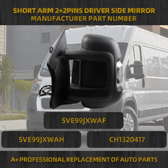 Driver Side Mirror 5VE99JXWAF Compatible with Ram Promaster 1500 2500 3500 2014-2021 Manual Non-Heated Glass Turn Signal w/Temp Sensor Textured Black Replaces#CH1320417