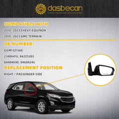 Right Passenger Side Mirror Compatible With 2018-2023 Chevy Equinox GMC Terrain Rearview Mirror With Heated Glass/Power Glass/Manual Folding Replace# GM1321560 (5pin) Black Paint