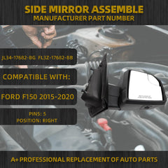 Side Mirror Assemble Compatible with Ford F150 2015 2016 2017 2018 Right Side JL34-17682-BG FL3Z-17682-BB 5 Pins