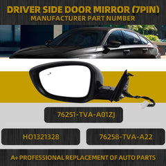 Left Driver Side Door Mirror Compatible with Honda Accord Sport Hybrid EX 2018-2022 Power | Heated | Blind Spot Detection | Repalce# 76258-TVA-A22, HO1321328,Side View Mirror (7Pins-Black)