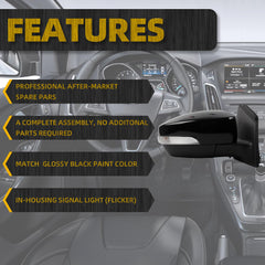 7Pins Passenger Side Mirror Compatible with 2012-2014 Ford Focus Right Rearview Mirror w/BSM, Turn Signal, Manual Folding, Power Glass and Temperature Sensor Glossy Black Paint