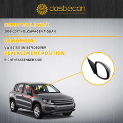 Right Side Door Mirror Compatible with 2009-2017 Volkswagen Tiguan Passenger Side Mirror with Electric Heated Glass Turn Signal Manual Folding VW1321131 5N1857508Q9B9 Unpainted Cover (6 Pins)