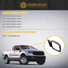 Right Passenger Side Mirror Compatible with 2019-2023 Ford Ranger Lariat Matte Black Door Mirror with Power Glass, Power Folding, Blind Spot Glass Replace# FO1321683 KB3Z-17682-G (7pins)