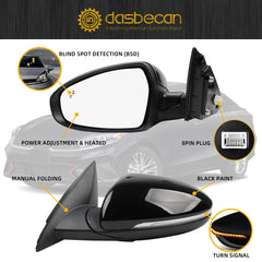 Driver Side Mirror Compatible With 2019-2024 KIA Forte With Power Glass/Heated/Turn Signal/Blind Spot/Manual Folding Black Left Door Mirror 87610M7090 KI1320225 (8Pins)