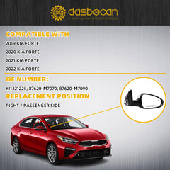 Right Passenger Side Mirror DIY Paintable Compatible With 2019-2024 KIA Forte View Mirror With Power Glass/Heated/Turn Signal/Blind Spot/Manual Folding KI1321225 87620M7070 (8Pins)