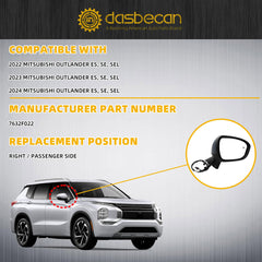 Right Passenger Side Mirror Compatible with 2022-2024 Mitsubishi Outlander Mirror with 360° Camera, Power Folding, Turn Signal, Blind Spot, Power Heated Glass Replace# 7632F022 (9+1pins)
