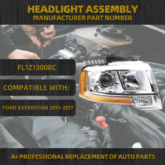 Halogen Headlight Compatible With Ford Expedition 2015-2017 Right Passenger Side Headlight Assembly Chrome Housing Replaces# FL1Z13008C FO2503334
