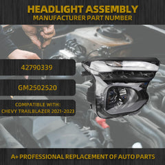 Halogen Headlight W/LED DRL Compatible With Chevy Traiblazer 2021-2023 Left Driver Side Headlamp Assembly Black Housing Replaces# 42790339 GM2502520