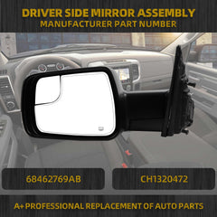 Left Driver Side Mirror Compatible with 2019-2024 Ram 1500 Rearview Mirror with Temp Sensor/Heated Glass/Signal Light/Puddle Light/Power Folding/Black Texture Cover (14pins)