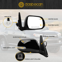 Right Passenger Side Mirror Compatible with 2010-2013 Toyota 4runner with Power Heated Glass, Manual Folding, Turn Signal, Puddle Light, Gloss Black Cover Replace# TO1321263(9Pins)