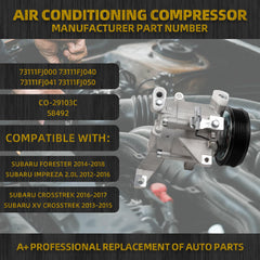 Air Conditioner AC Compressor with Subaru Forester 2014-2018 /Subaru Impreza 2.0L 2012-2016 /Subaru Crosstrek 2016-2017 /Subaru XV Crosstrek 2013-2015 Replaces# 73111FJ040 73111FJ041