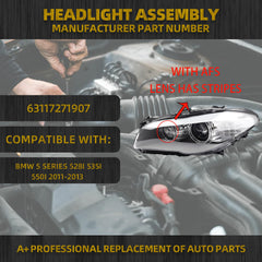 HID/Xenon w/AFS Type Headlight Compatible With 2011-2013 BMW 5 Series 528i 535i 550i M5 Left Driver Side Housing Chrome Clear Headlight Assembly Replaces# 63117271907