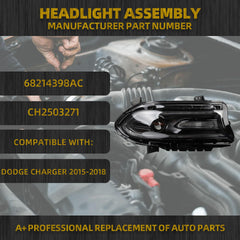Xenon Headlamp with LED DRL & Turn Signal Light Compatible With Dodge Charger 2015-2018 Headlight Assembly Right Passenger Side Black Housing Clear Lens Replaces# 68214398AC CH2503271