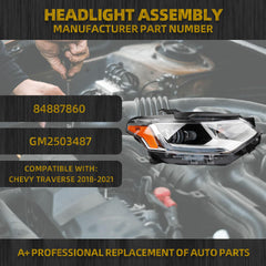 LED Headlight W/LED DRL Compatible With Chevy Traverse 2018-2021 Right Passenger Side Headlights Assembly Black Chrome Housing Replace# 84887860 GM2503487