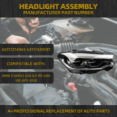 LED Headlamp w/LED DRL Compatible With BMW 5 Series G30 G31 M5 540i 530i 2017-2020 Headlight Assembly Right Passenger Side Black Housing Clear Lens Replaces# 63117214965 63117439197
