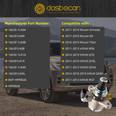 High Pressure Fuel Pump Compatible with Infiniti M37, M56, Q70, QX56, QX80 & Nissan Armada, NV, Titan 2011-2019 Replacement #16630-1LA0A 16630-1LA9A HPP0026