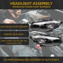 Halogen w/AFS Type Headlamp Compatible With BMW 5 series F10 550i 535i 528i 2011-2013 Headlight Right Passenger Side Black Housing Clear Lens Replaces# 63117203243 63117203244